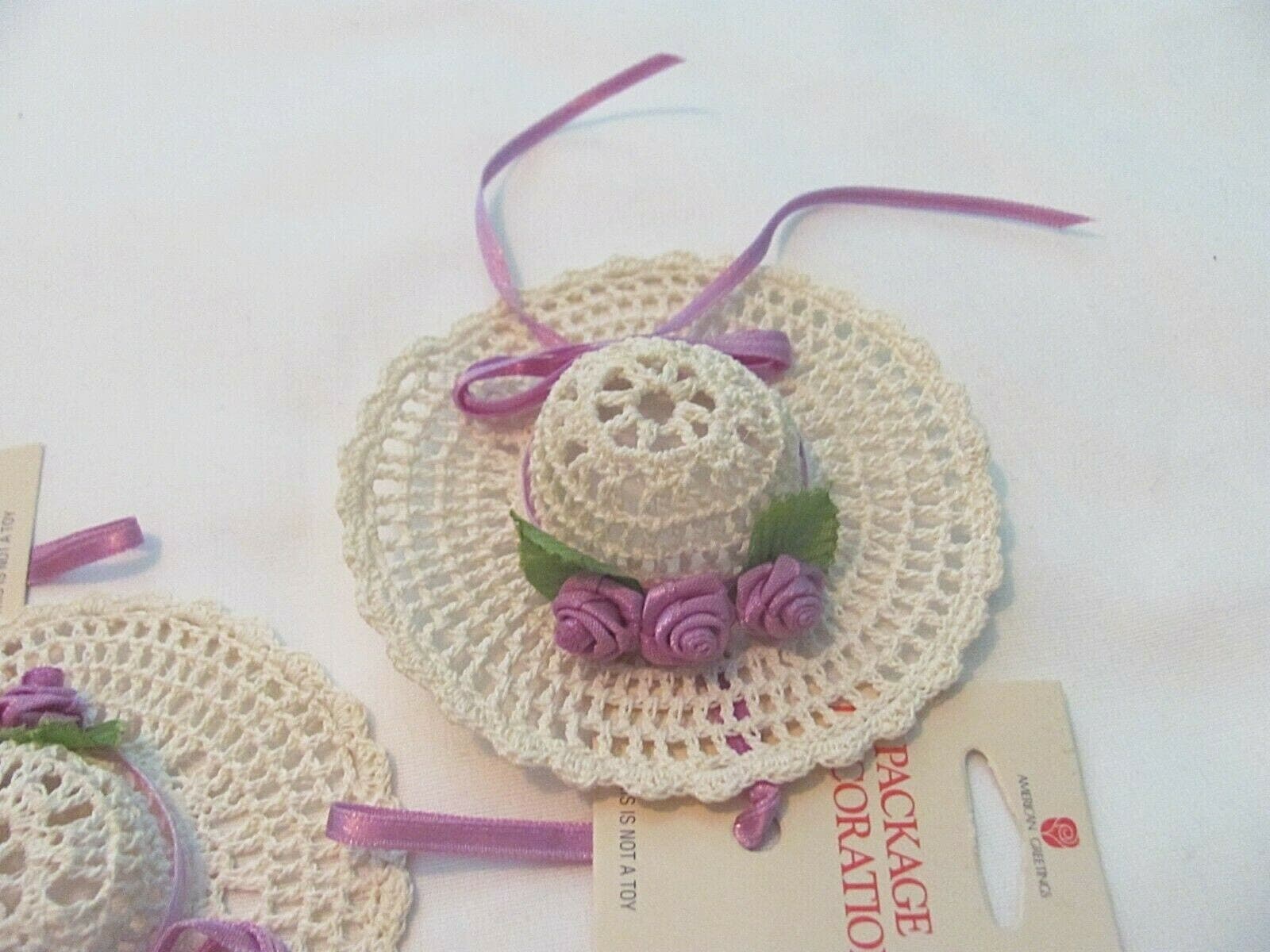NWT LOT OF 2 AMERICAN GREETINGS CROCHET HAT W/ PURPLE RIBBON PACKAGE DECORATION 4