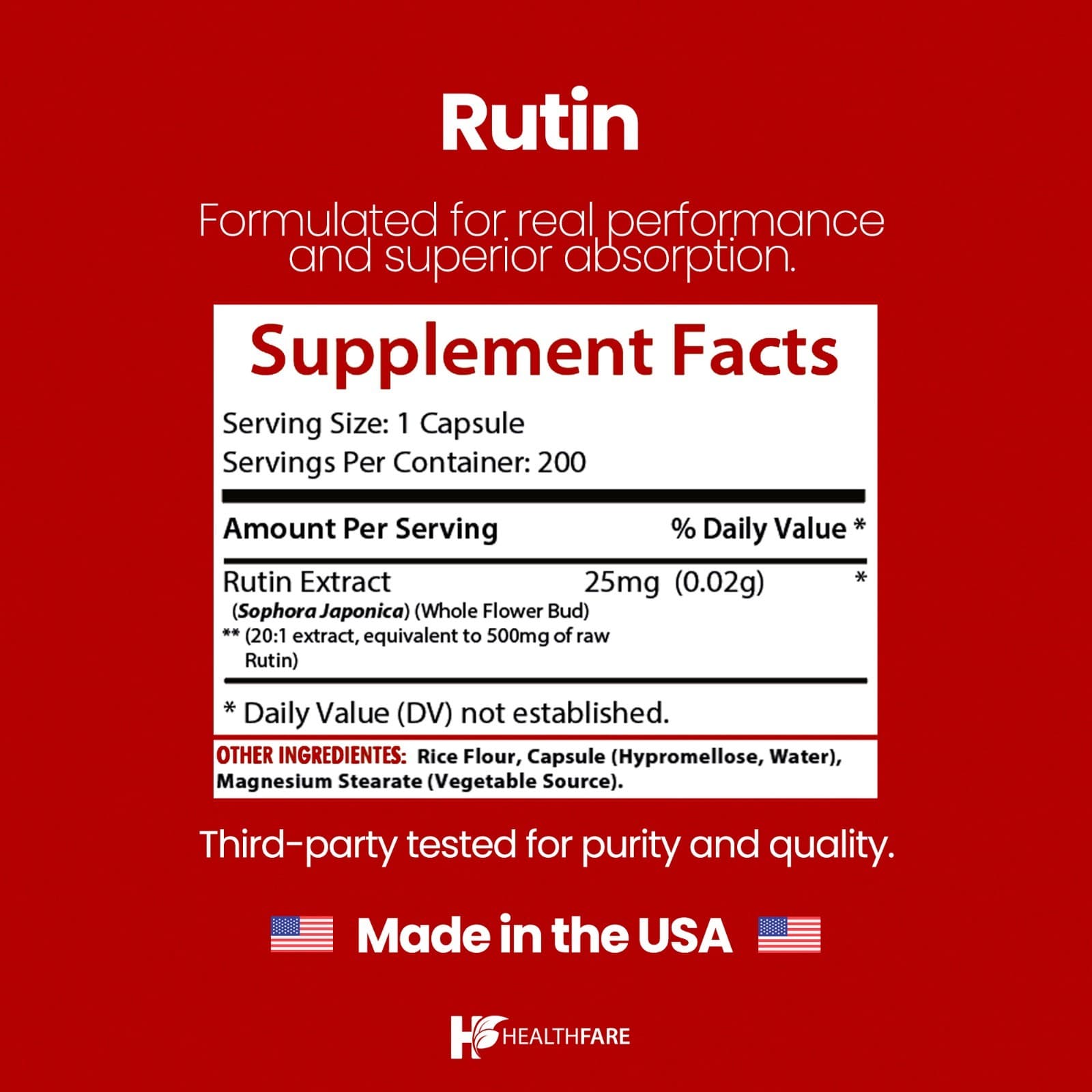 HealthFare Rutin 500mg Rutoside Bioflavonoid 200 Caps Vascular Health USA Made 3