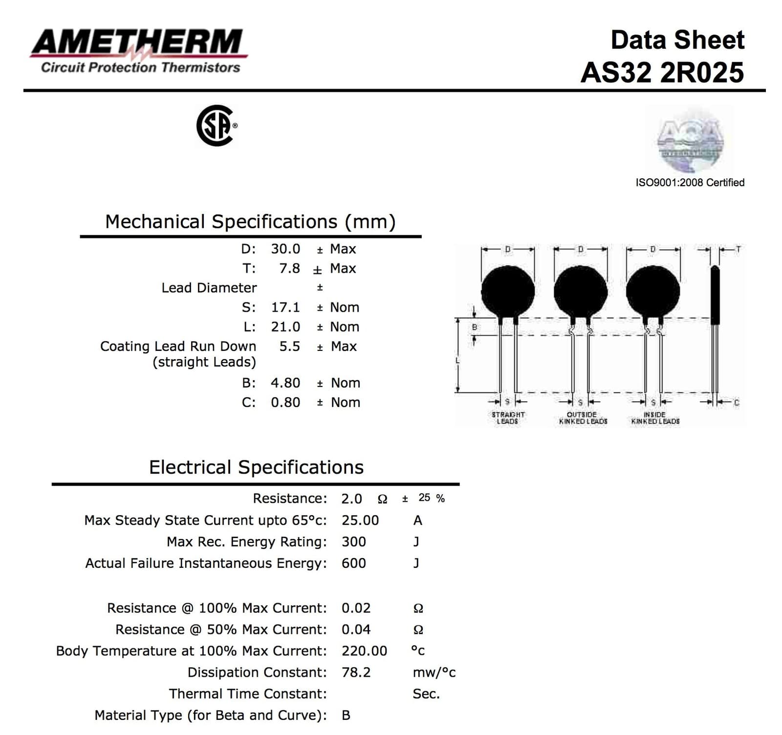 Aqua-Rite Thermistor AS32 2R025.( Pack of 2) Inrush Current Limiter 2 Ohm Ohm ±2 3
