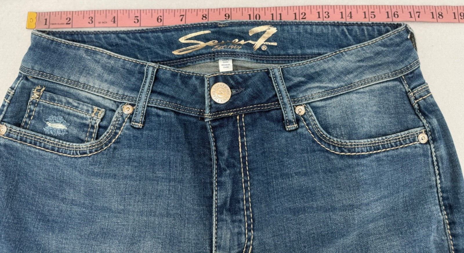 Seven7 Jeans Women's 12 Rocker Slim Boot Cut Distress Med Wash Embroidery Pocket 6