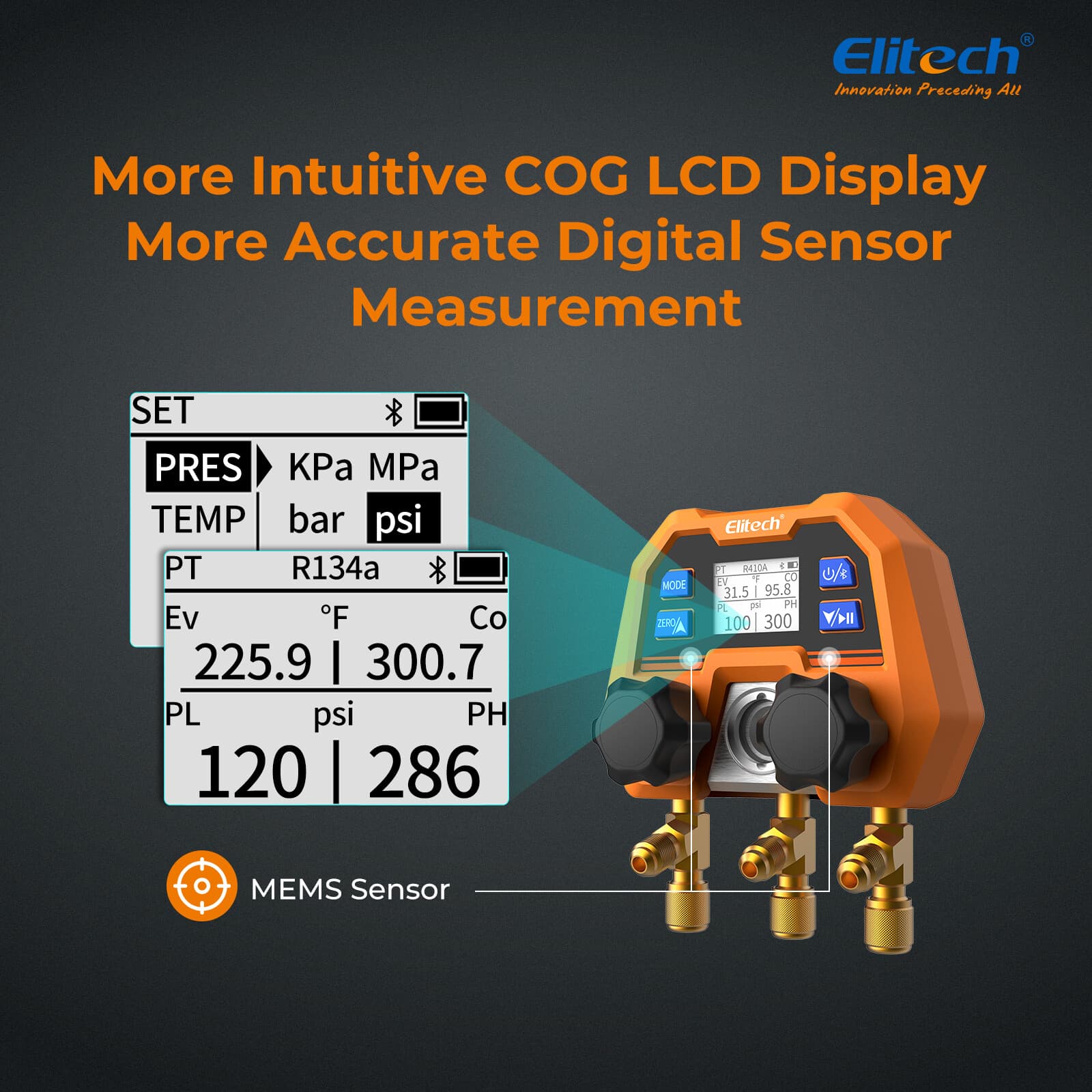 Open Box Elitech AC Manifold Gauge App Control  Pressure Gauges, DMG-4B 4