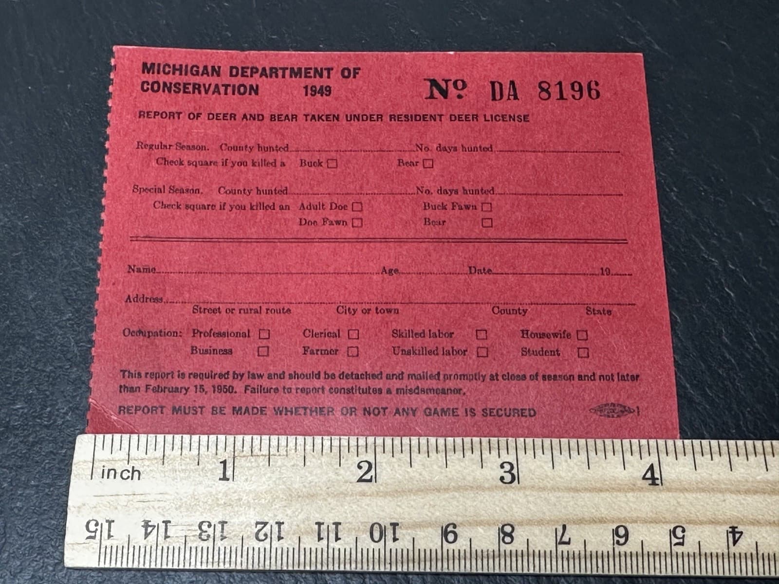 1949 MICHIGAN DEPARTMENT OF CONSERVATION DEER & BEAR TAKEN FORM FP369 2