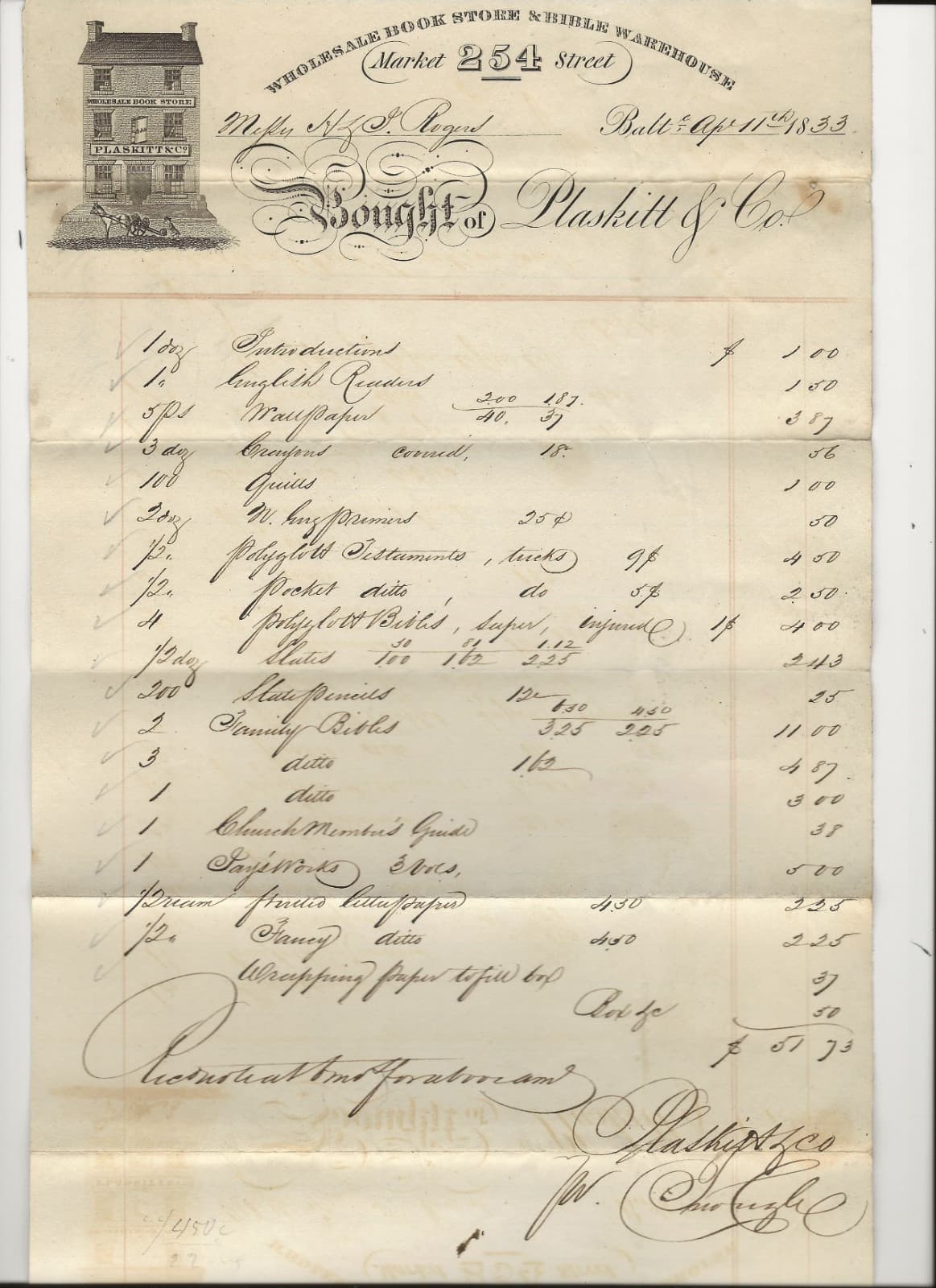 SUPER Orig. 1833 Graphic Billhead - WHOLESALE BOOK STORE & BIBLE WAREHOUSE, Balt