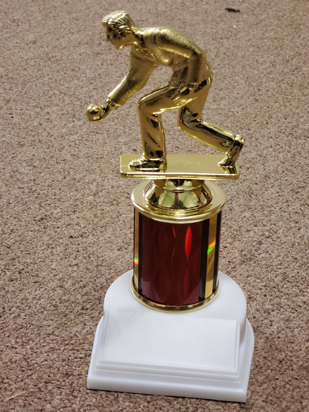 male Bocce ball trophy, award, faux marble base, with engraving, ~ 7.5" High
