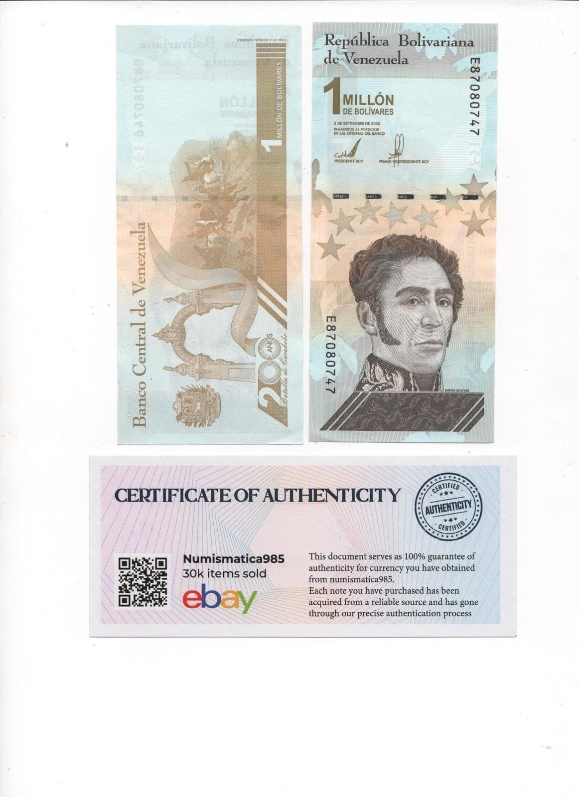 Venezuela 1 Million Bolívares 2020 x1000 Circulated Notes + COA  Add– P-114 2