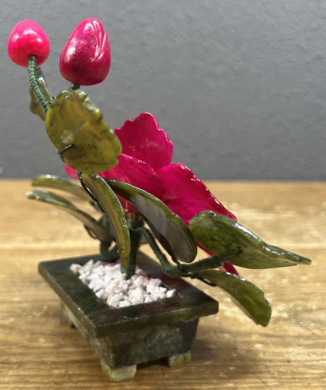 Vintage Japan Carved Stone Jade Bonsai Flowering  Tree 5