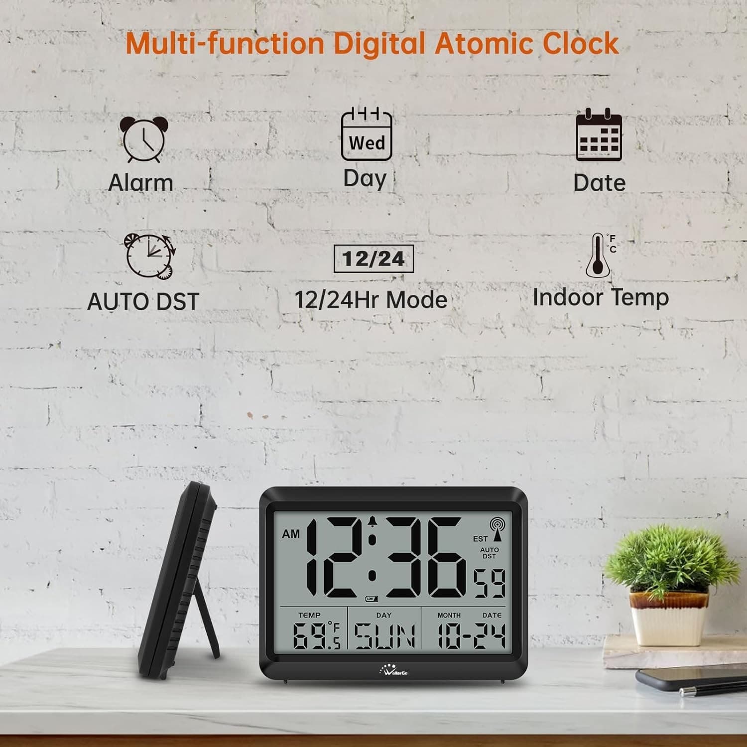Atomic Wall Clock W Temperature, Humidity, Large Display, Battery Operated,Alarm 5