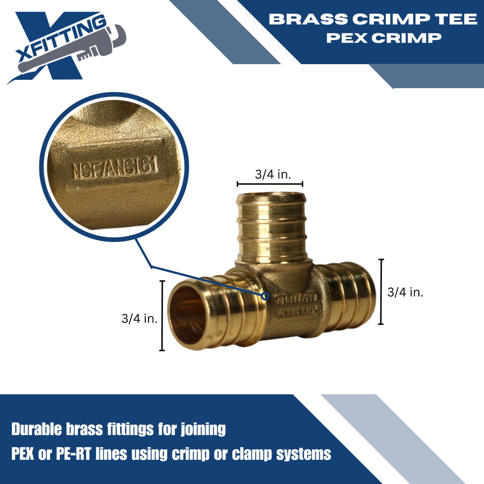 25 Pcs XFITTING 3/4" x 3/4" x 3/4" Pex Tee, 3/4 Pex Barb Crimp, Lead Free Brass 5
