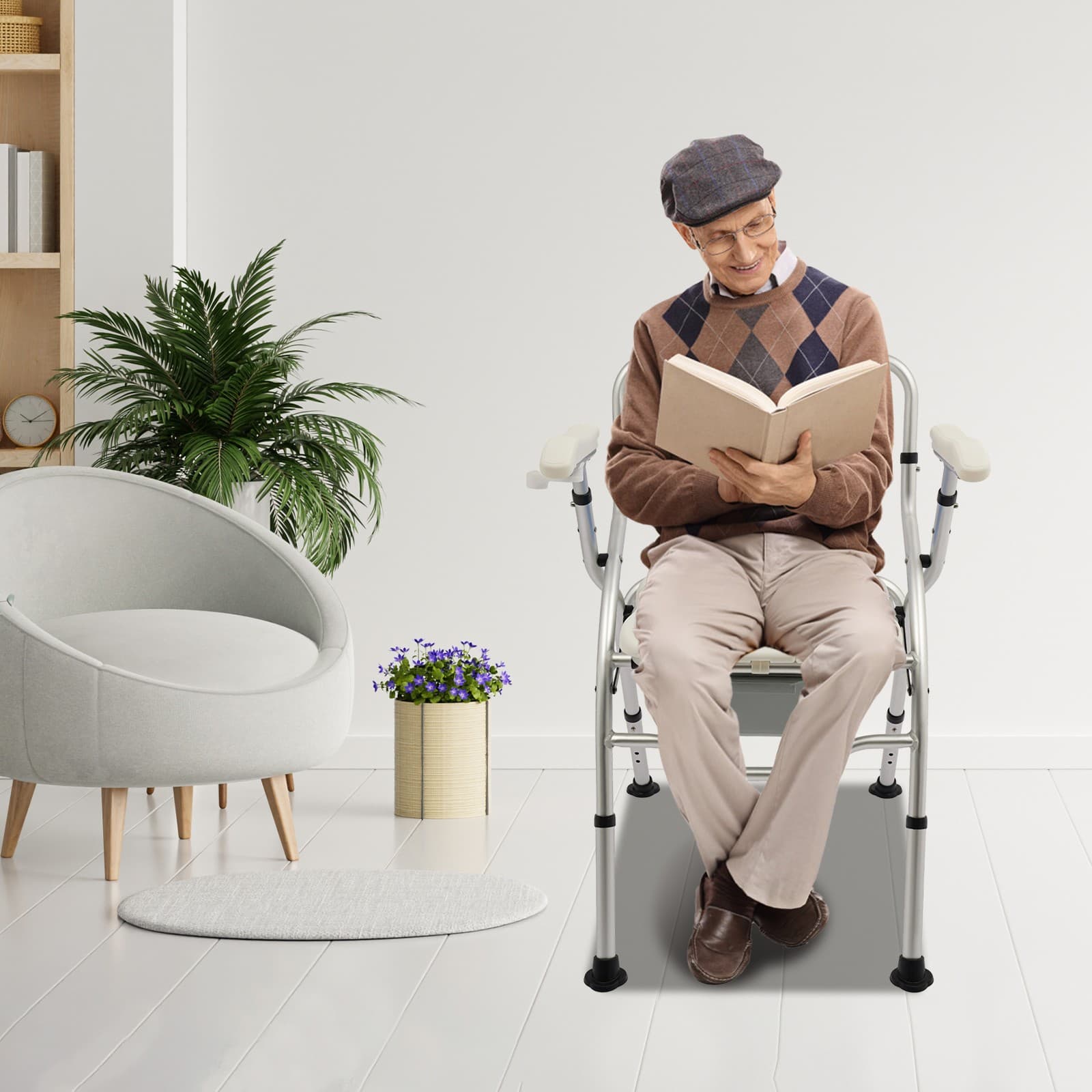 Bedside Shower Chair Commode Chair w/ Backrest & Armrests Height Adjustable 4