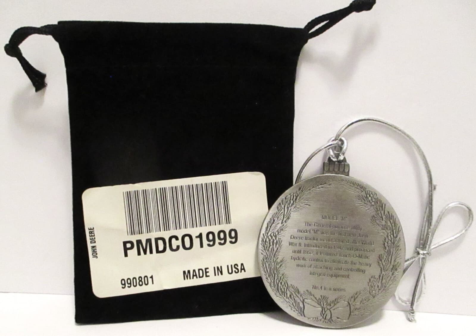 *John Deere M Tractor 1999 Hand Painted Pewter Christmas Ornament 4th Church jd 4