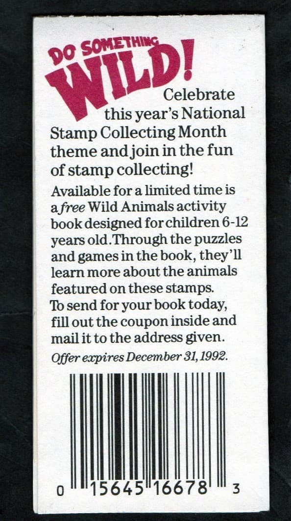 U.S. COMM BOOKLET OF 20 SCOTT#BK202 29ct 1992 WILD ANIMALS MINT P#K1111 2