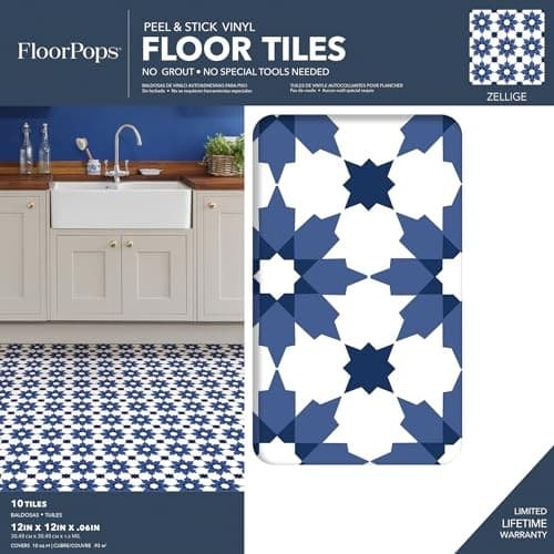  Zellige Peel & Stick Floor Tiles, Blue 12-in by 12-in 2