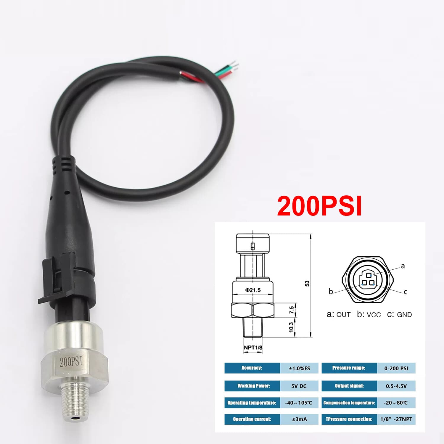 5V Fuel Pressure Transducer 100/150/200/300/500/1000/1600Psi for Oil Air Water 6