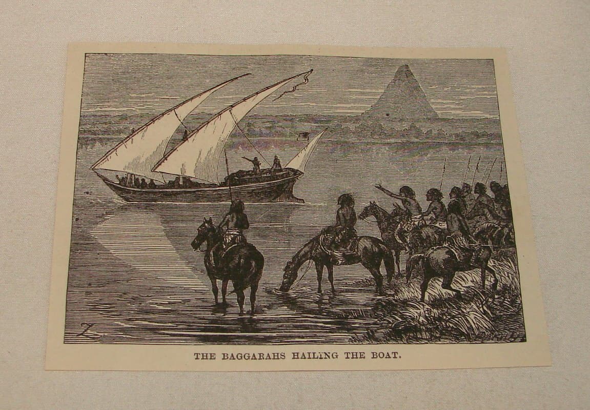 1887 magazine engraving ~ BAGGARAHS HAILING THE BOAT