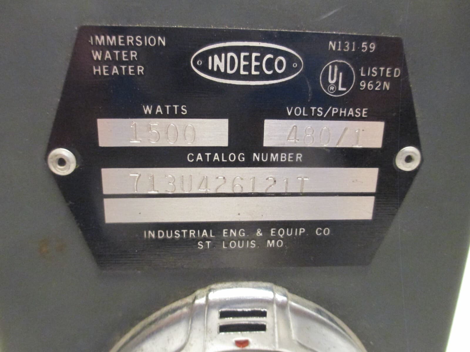 INDEECO Immersion Water Heater 1500 Watts 480 Volt 713U426121T (USED) 3