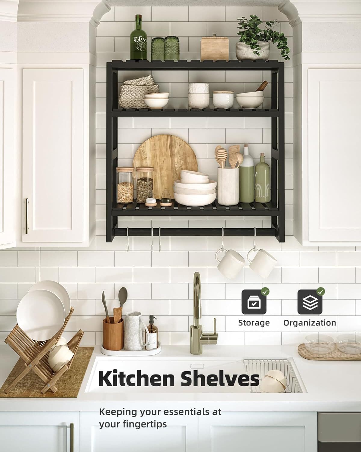 Over Toilet 3-Tier Floating Shelf with Towel Bar, Bamboo, Black 5