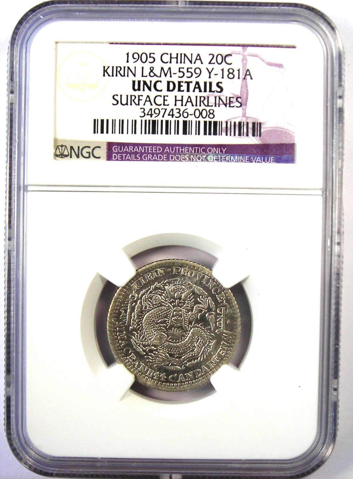1905 China Kirin 20 Cent Coin 20C LM-559 Y-181A. NGC Uncirculated Detail UNC MS 2