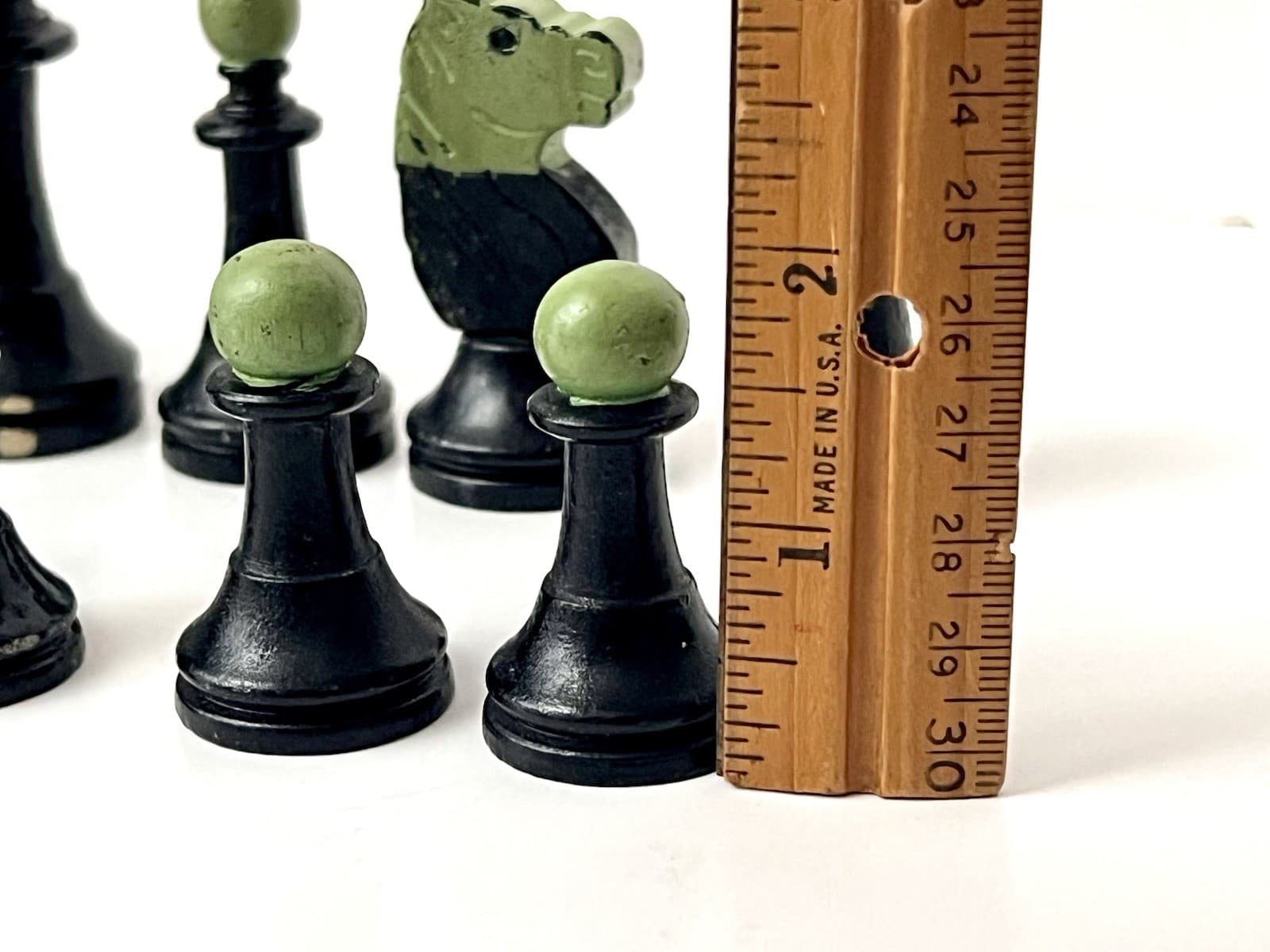 Lot 16 Vintage Wooden Chess Pieces Painted Black Green Wood Craft Art Supplies 2