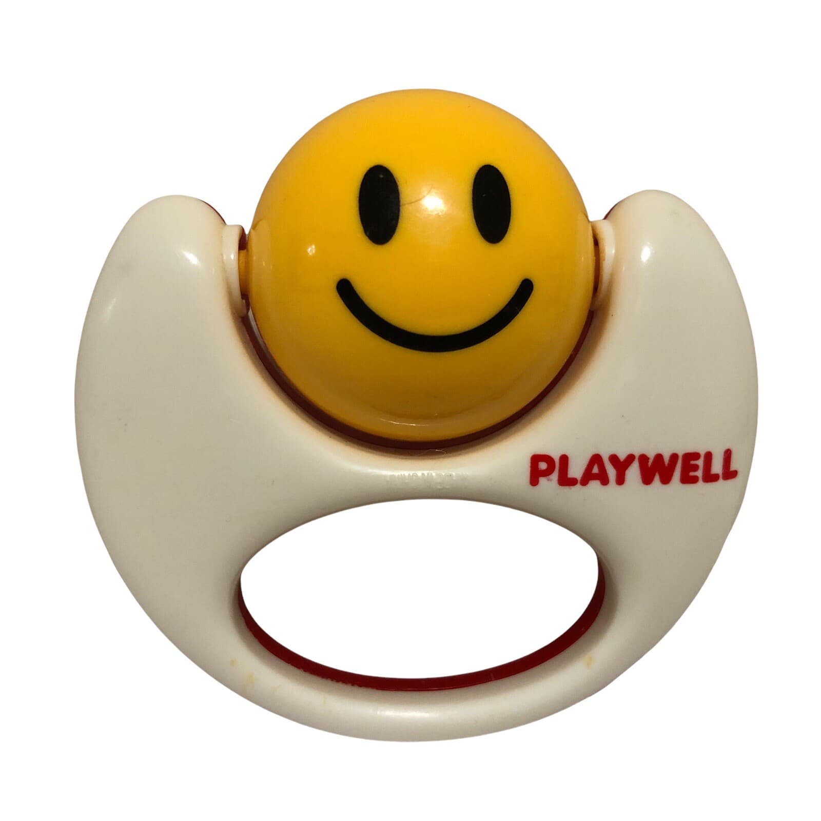 Vintage Playwell Smiley Face Smile Rattle Teether Yellow White Red Baby Rare