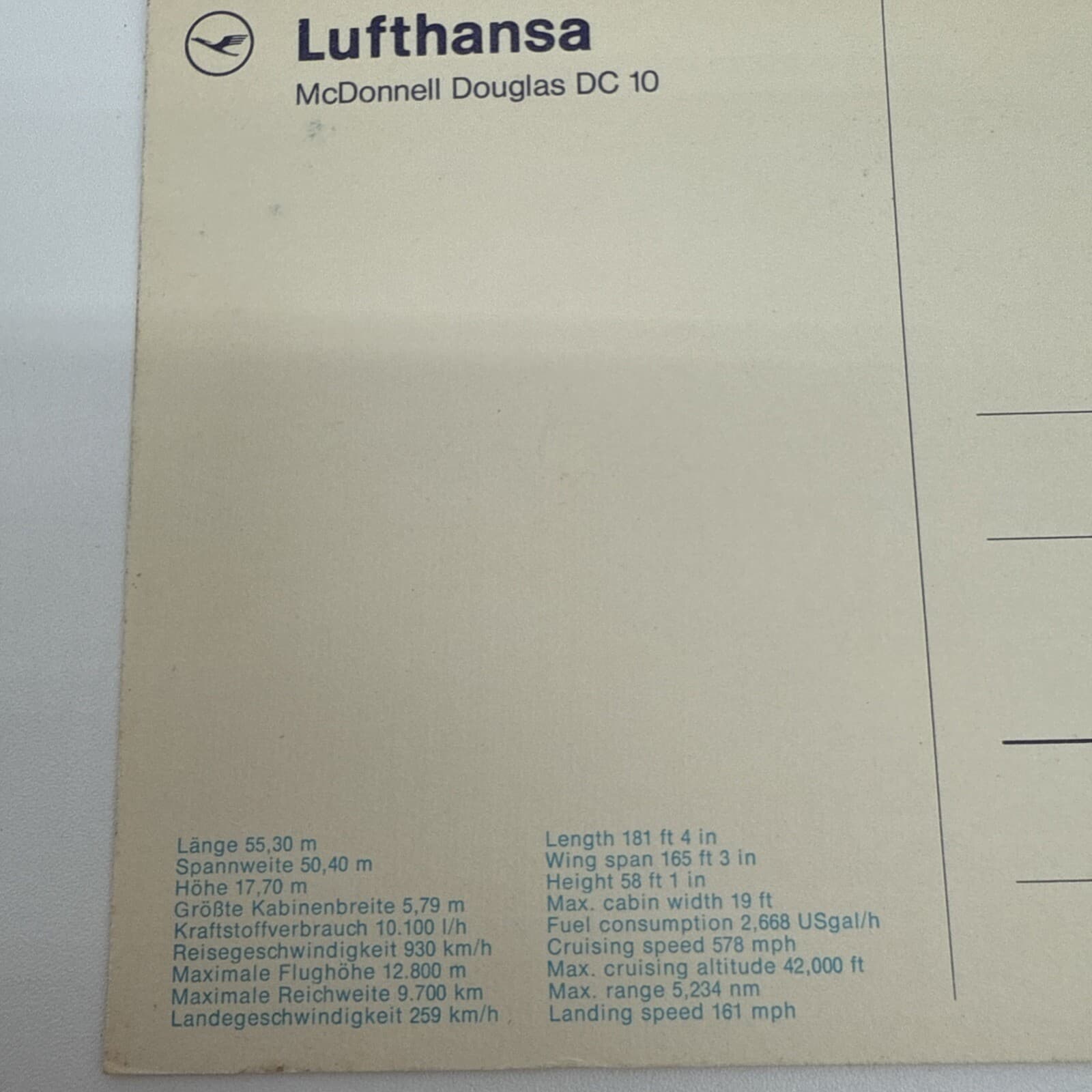 Vintage Lufthansa McDonnell Douglas DC 10 Continental Postcard 5
