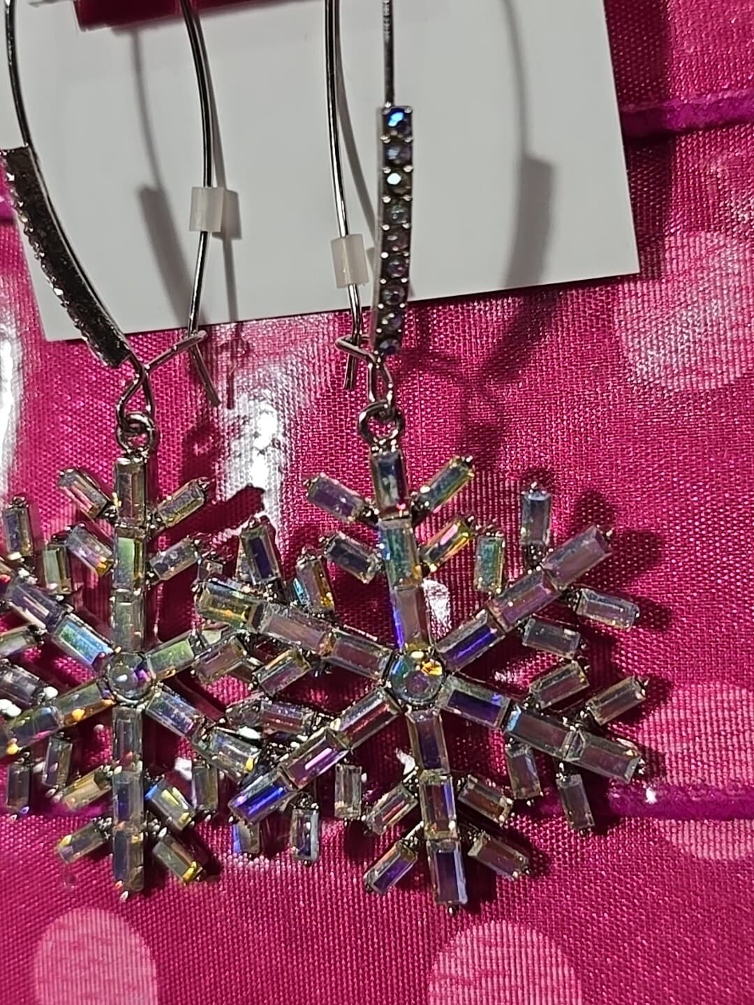 Betsey Johnson SilverTone Snowflake Drop Earrings Iridescent Crystal Accents NWT 3