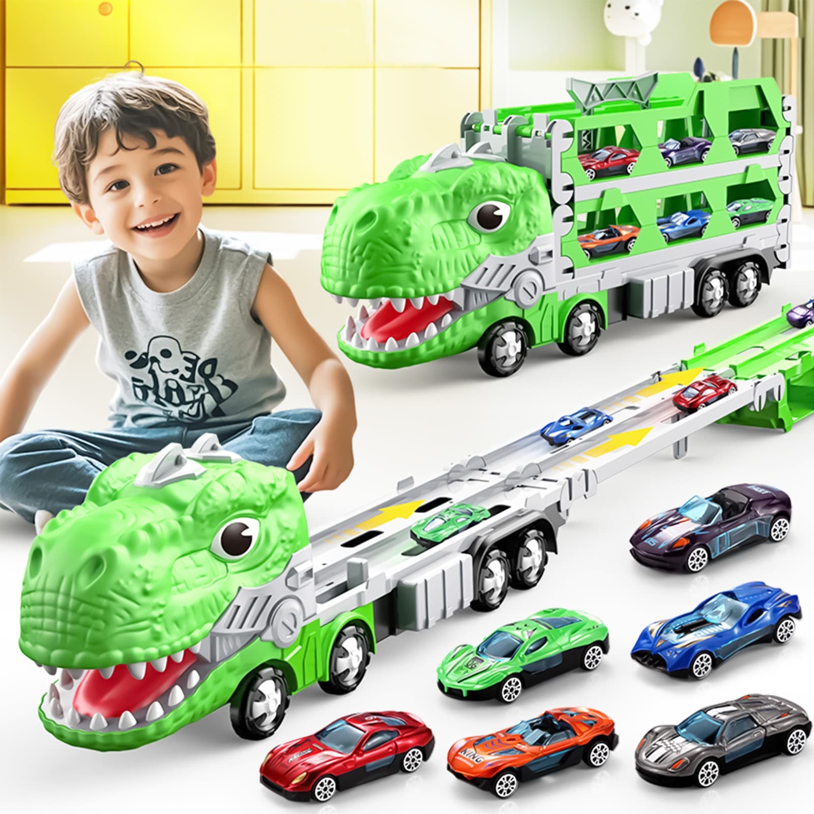 Foldable Alloy Vehicles 8 Cars and a Dinosaur Truck 5 Tier Transport Carrier 2