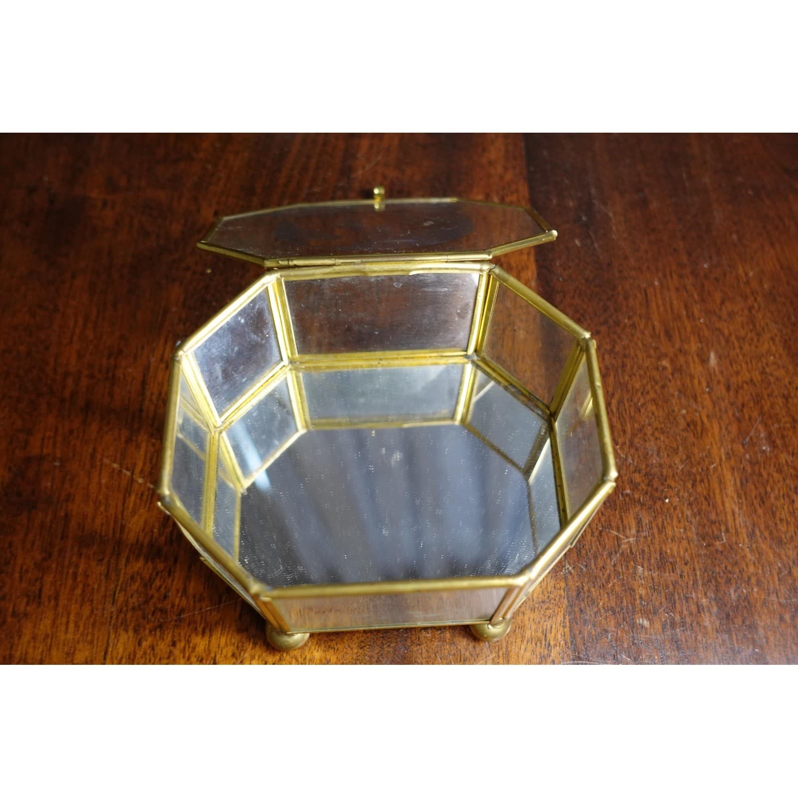 glass gold trim and hinged lid footed octagon jewelry box with mirrored base 2