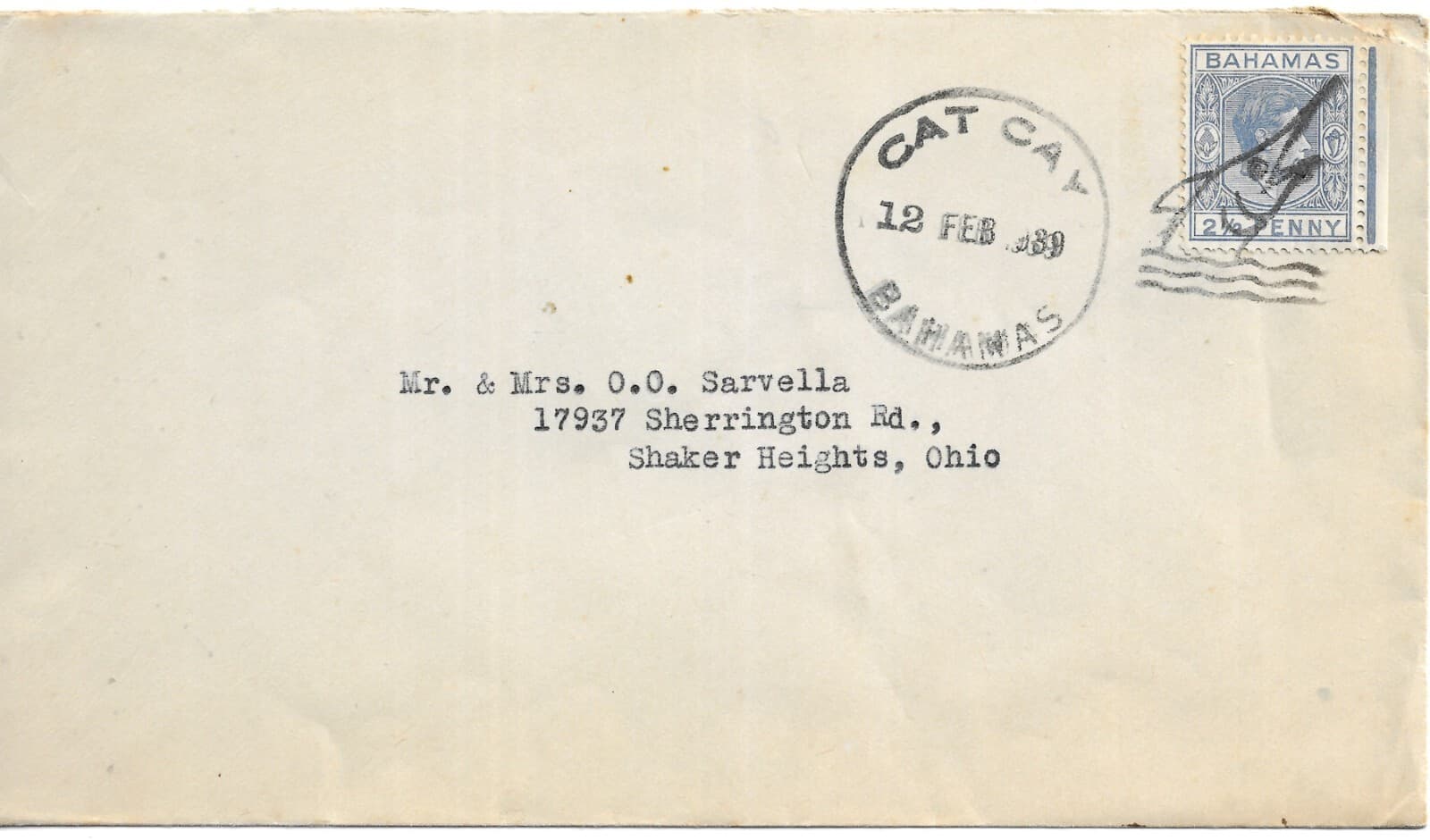BAHAMAS     COVER    SC104   SG153     USED AT      CAT CAY     12 FEB 1939