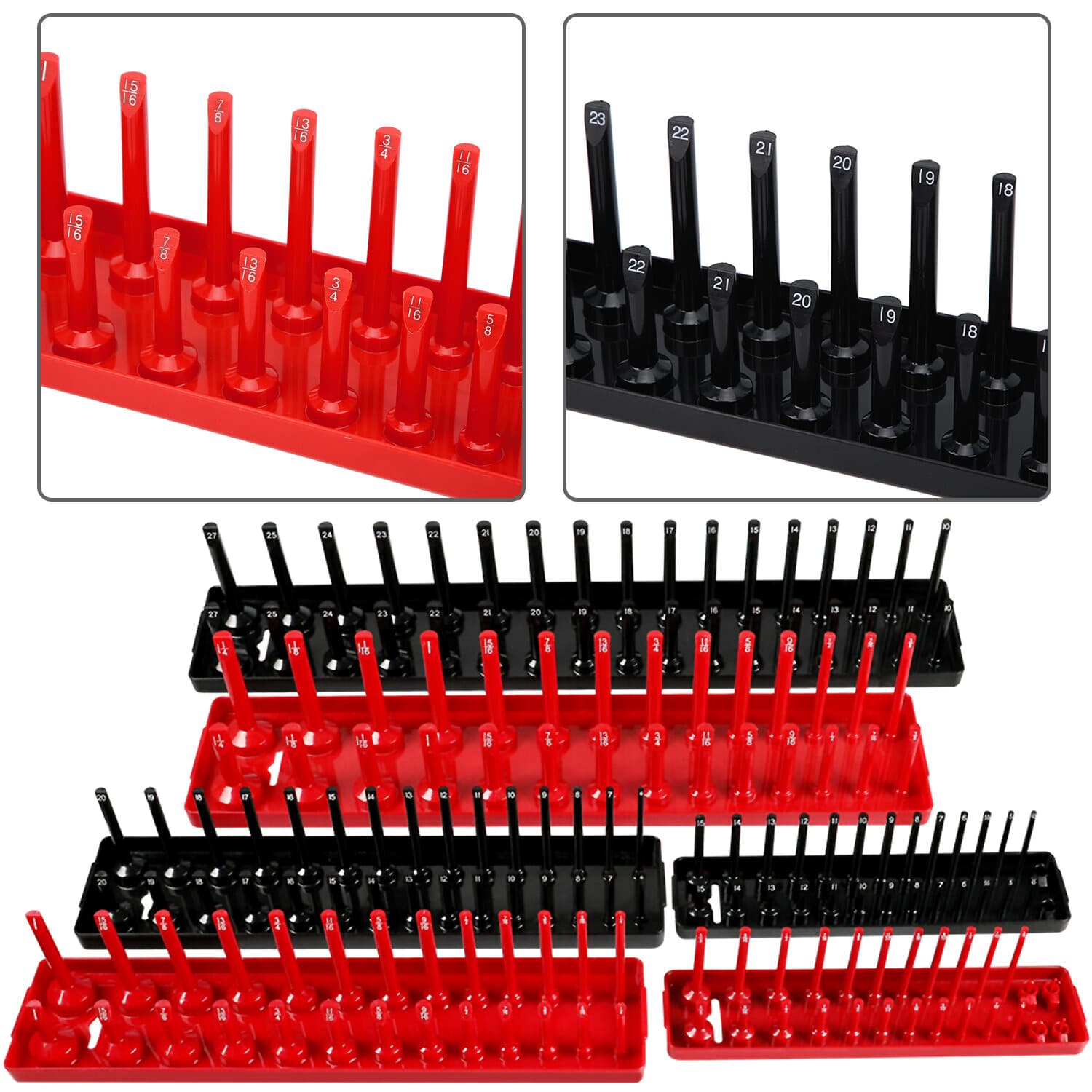 6PCS Socket Organizer Tray Set Hold 90 Metric&76 SAE Socket 1/4" 3/8" 1/2" Drive 3