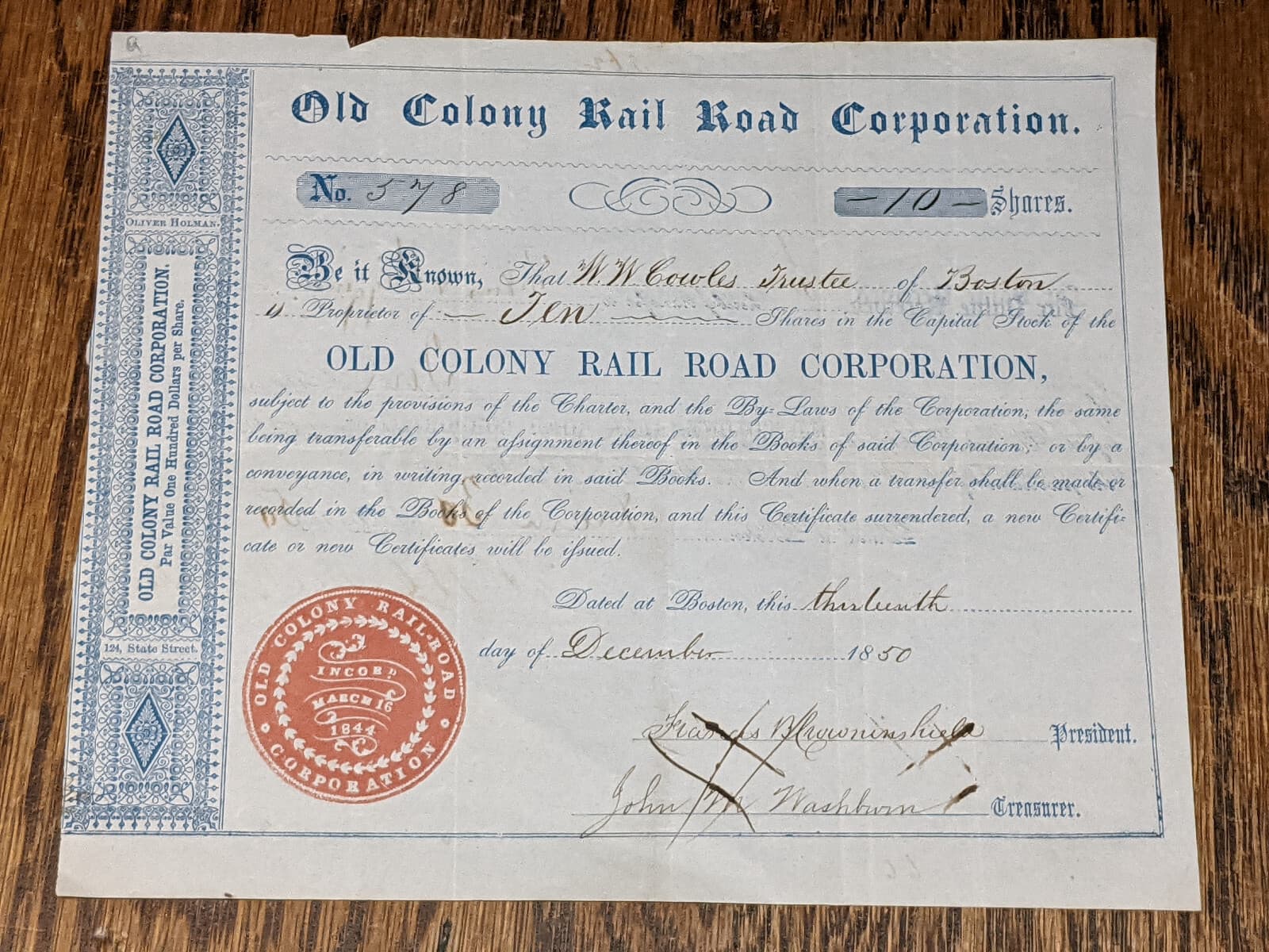 1850 Old Colony Railroad Corporation Stock Certificate Shares Boston Signed