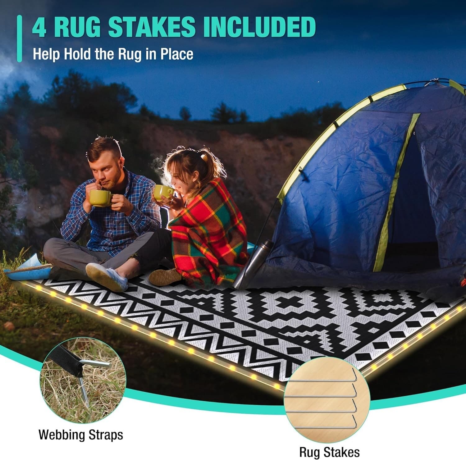 HAUSHOF 8FT Outdoor Rug Waterproof LED Strip Light Reversible Plastic Straw Rugs 4