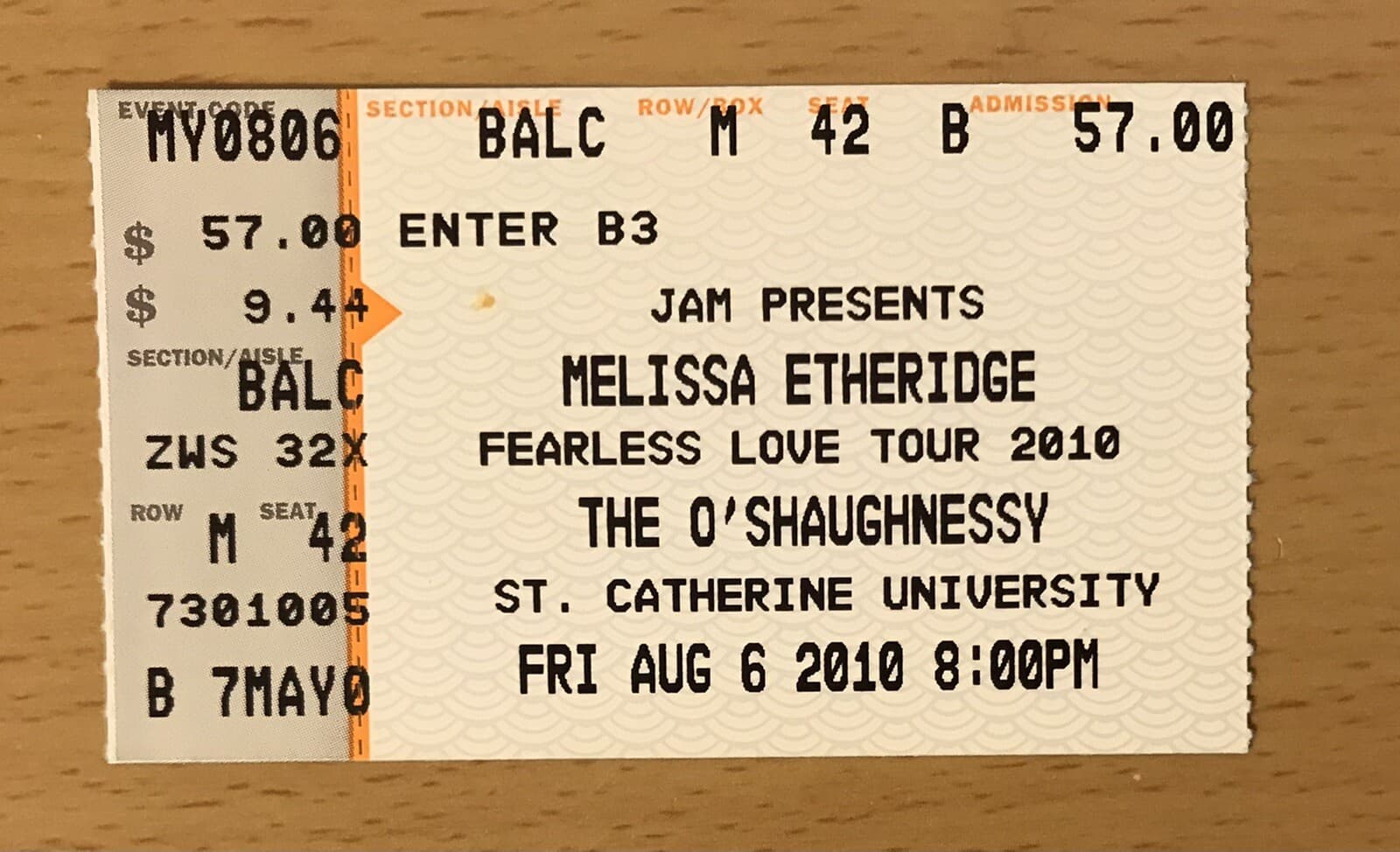2010 MELISSA ETHERIDGE FEARLESS LOVE TOUR MINNEAPOLIS CONCERT TICKET STUB