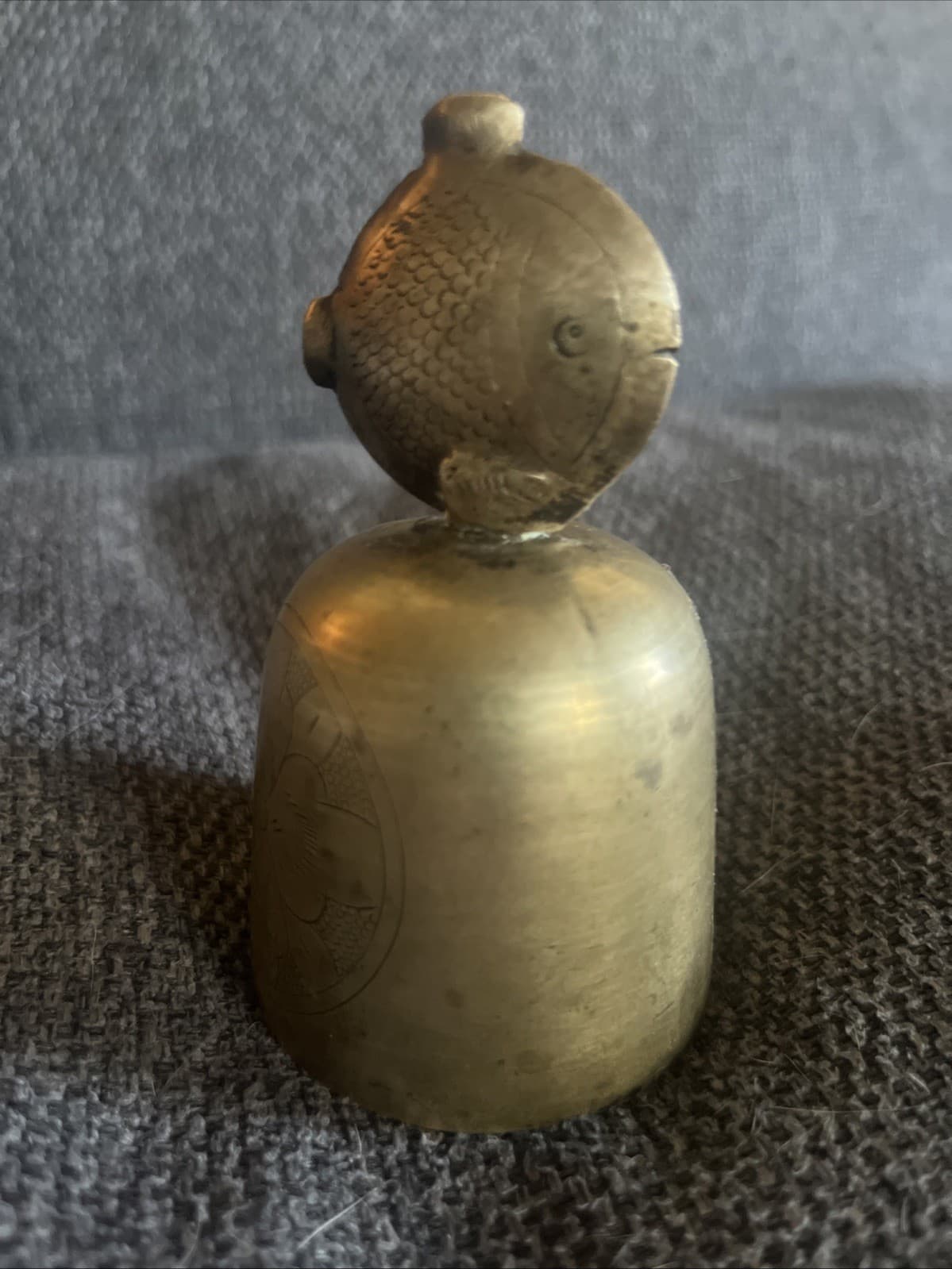 Vintage Chinese Brass Bronze Bell 3 1/2” Fish Handle & Floral Design Etched 3