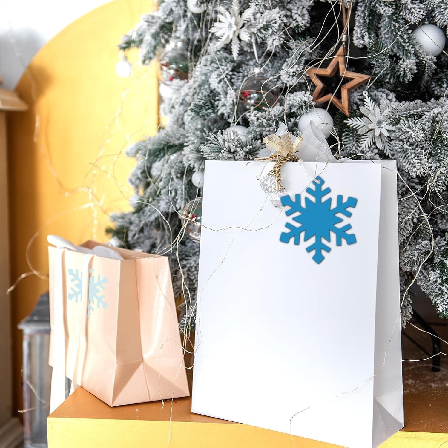 120Pcs Christmas Winter Paper Gift Tags with Hemp Rope White Blue Snowflake Hang 5