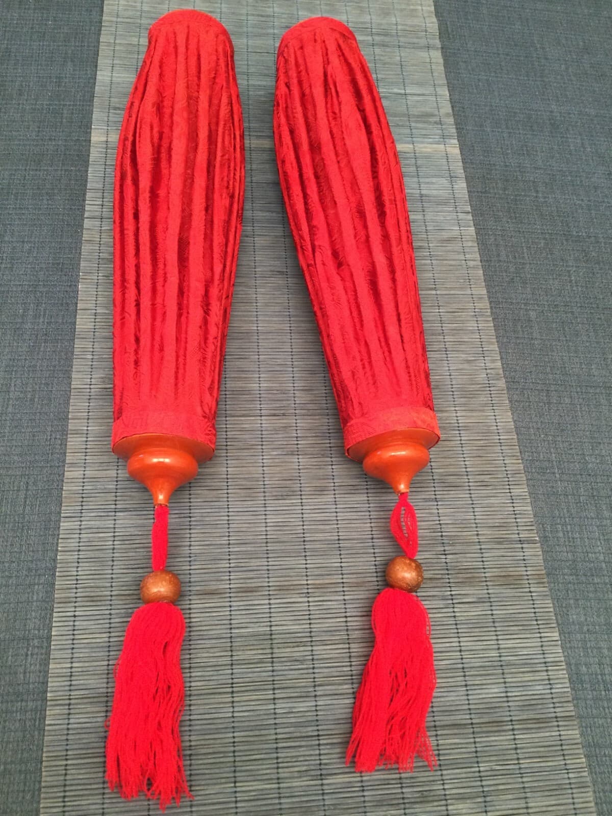 Vintage Pair Chinese Red Fabric Hanging Lanterns • 22” Long • New Unused 5