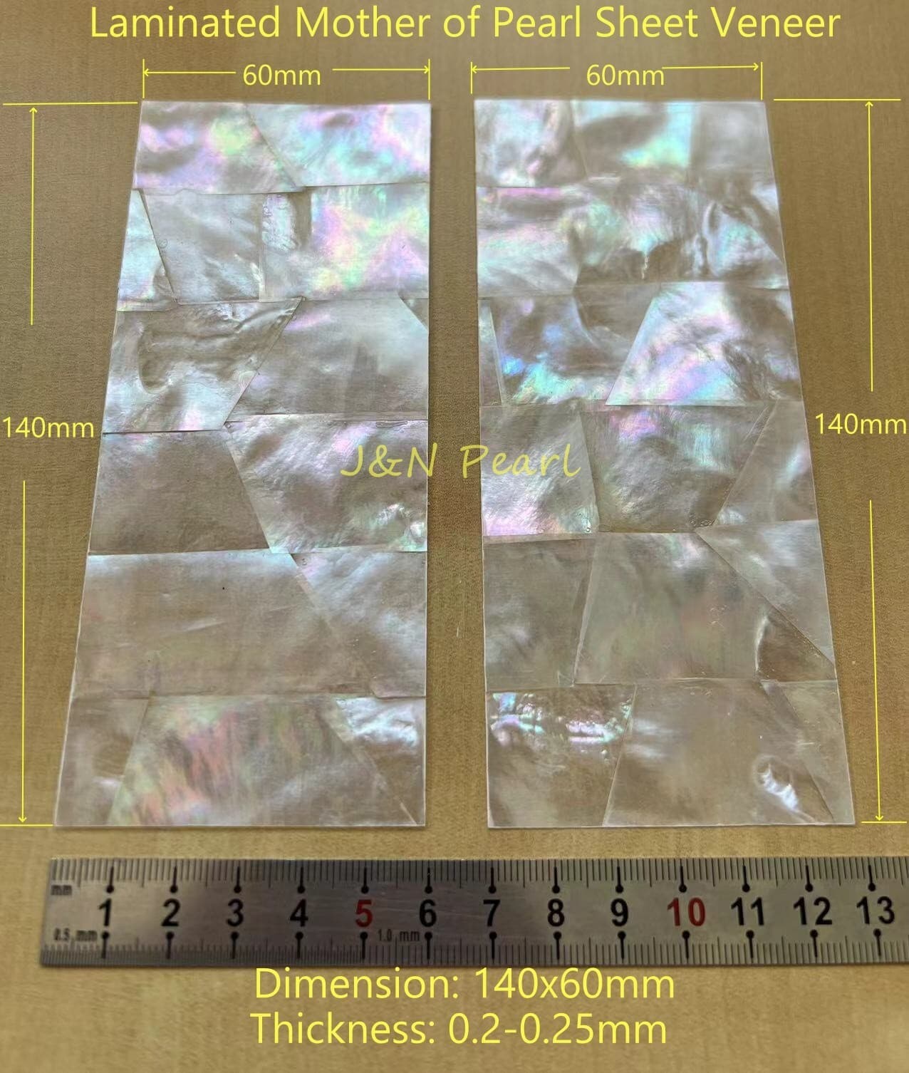 2pcs 140x60mm Laminated White MOP Sheet Veneer Blank Inlay, T:0.2-0.25mm