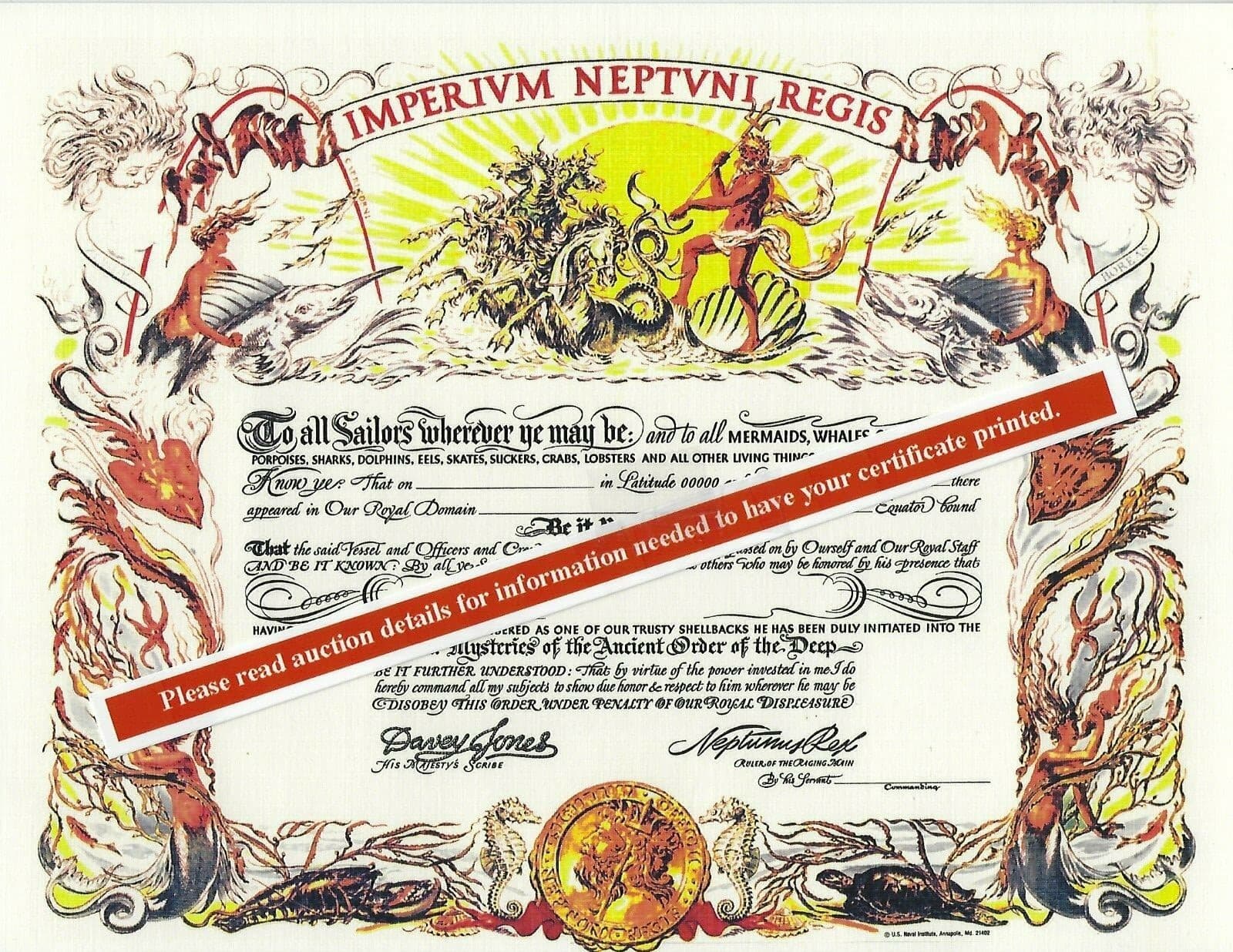 Shellback "Imperivm Neptvni Regis" 8.5X11 replacement certificate US Navy