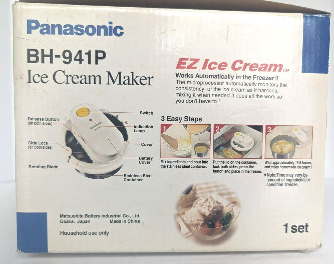 Panasonic BH-941P Ice Cream Maker Recipe Book Cordless 3 Cups New Old Stock 5