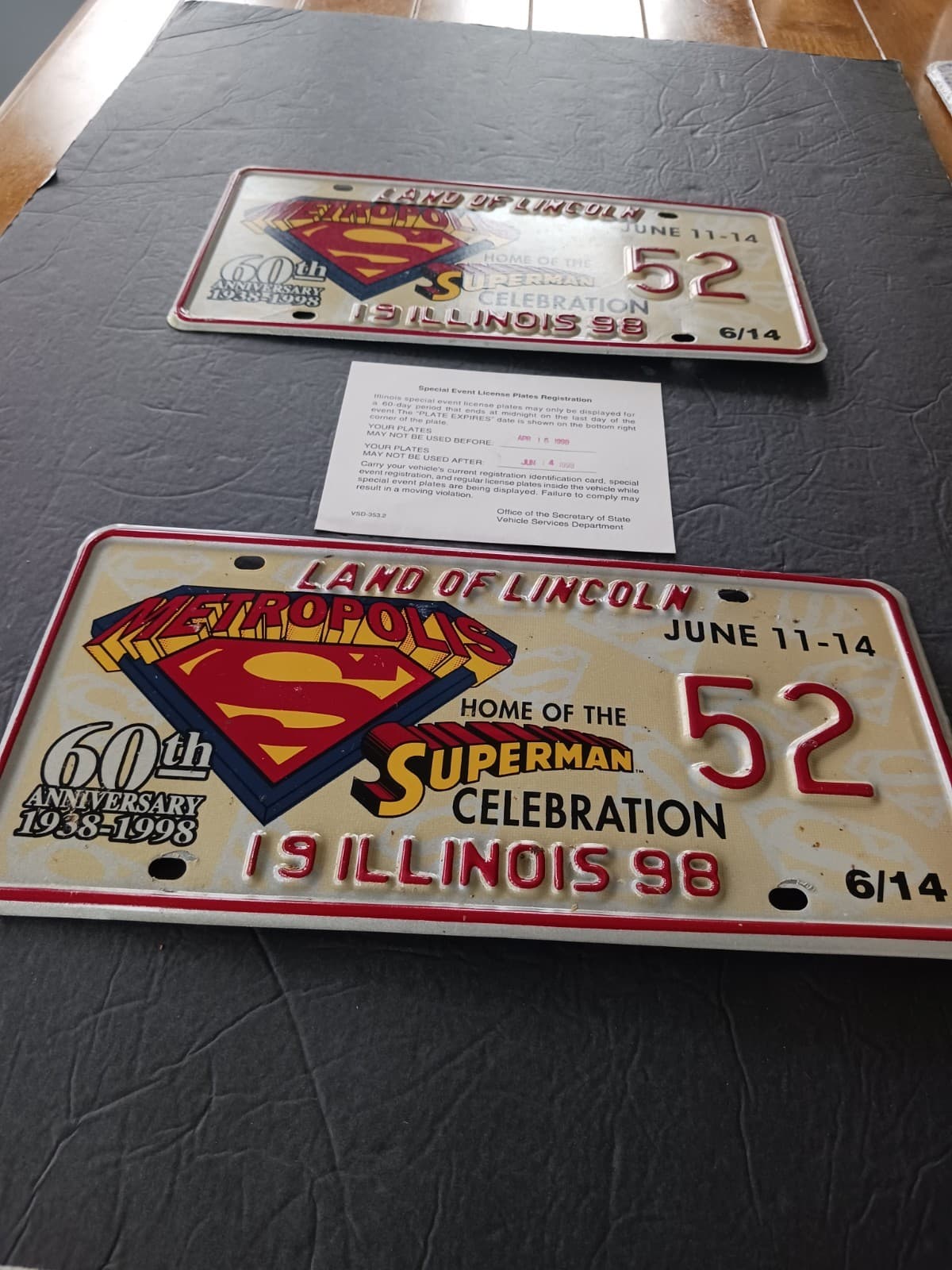1998 Superman Celebration Illinois License Plate 52 Special Event Plates Pair 5