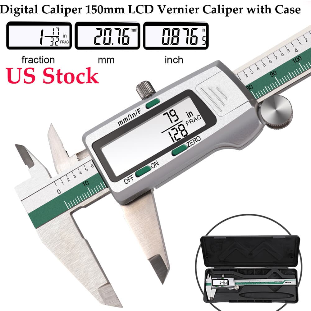0–6" Digital Display LCD Vernier Caliper Fraction/MM/Inch High Precision w/ Case
