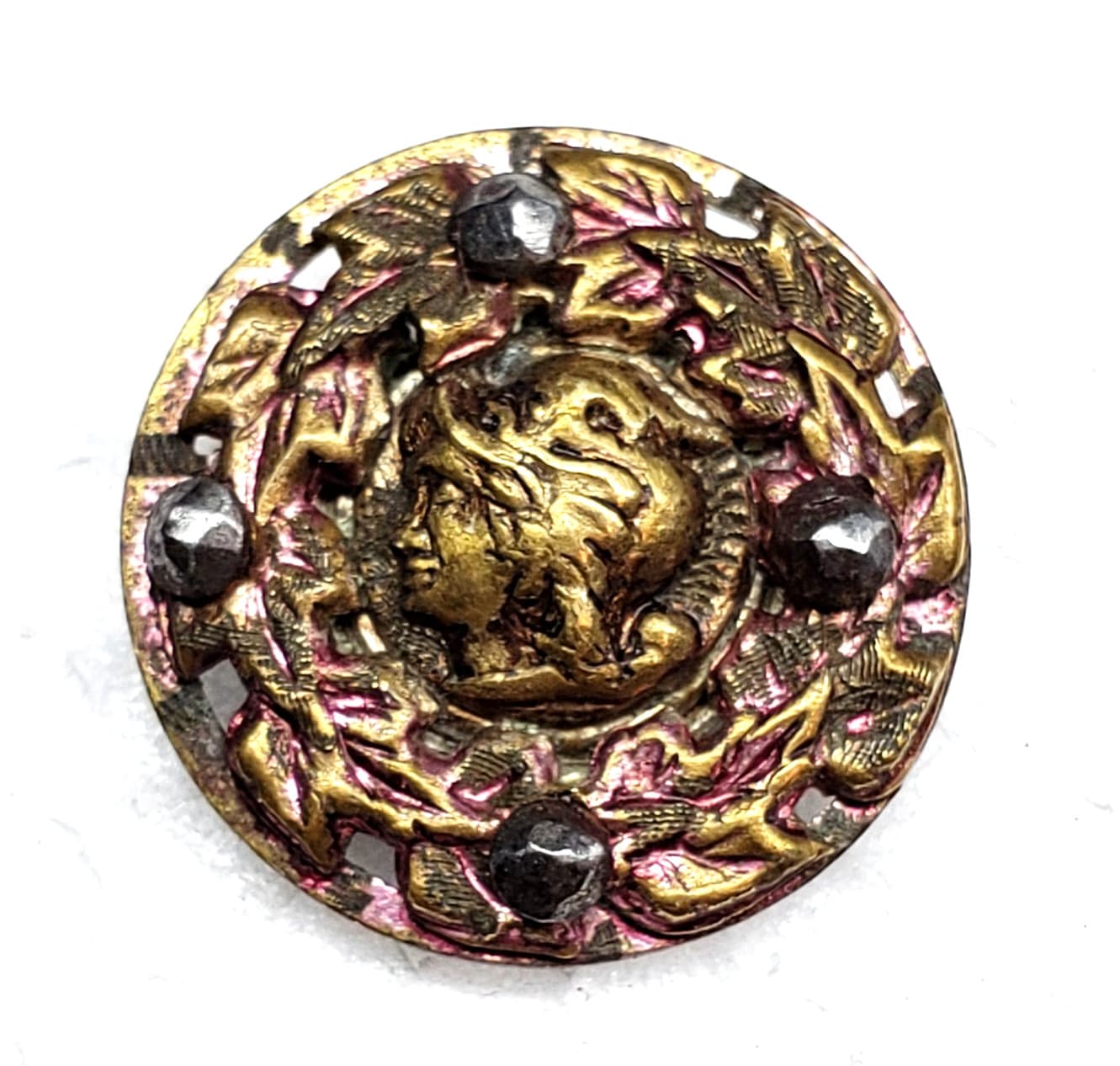 Antique Pierced & Tinted Brass Head Picture Button w/ Faceted Steels ~ 3/4" 18mm