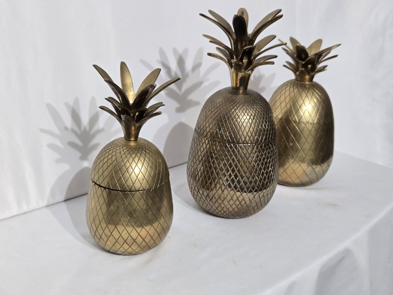 3 Vintage Solid Brass Pineapple Trinket Box / Storage Containers 8"-10"  Tall 3