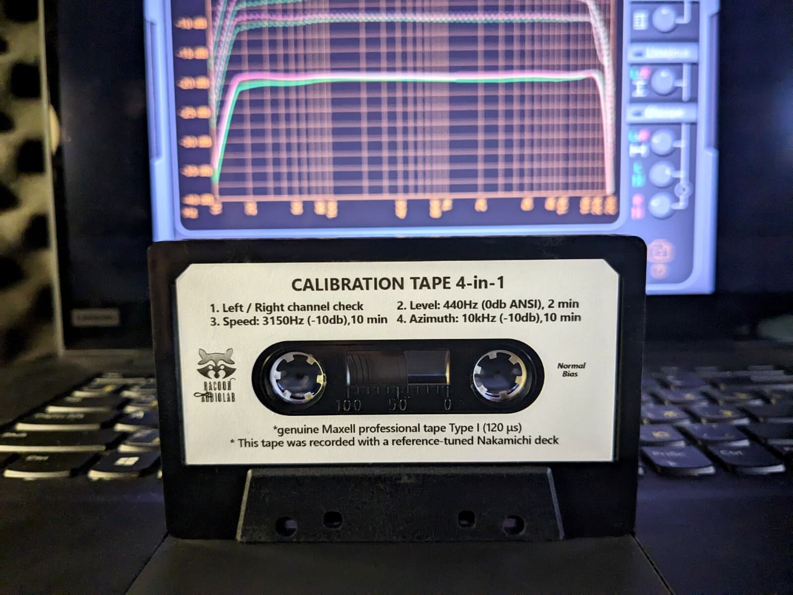 4-in-1 Maxell Test/Calibration audio cassette tape: L/R, level, speed, azimuth