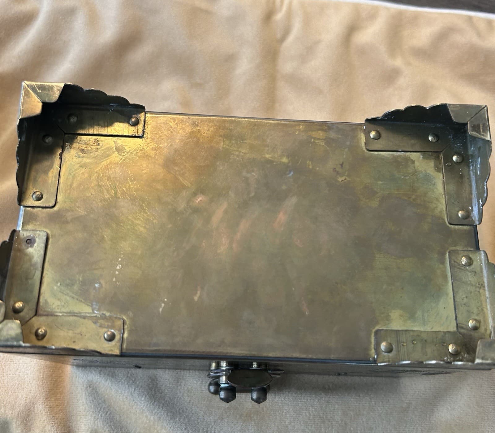 Antique Brass Box With Intricate Asian Designs And Lacquered Compartments 3