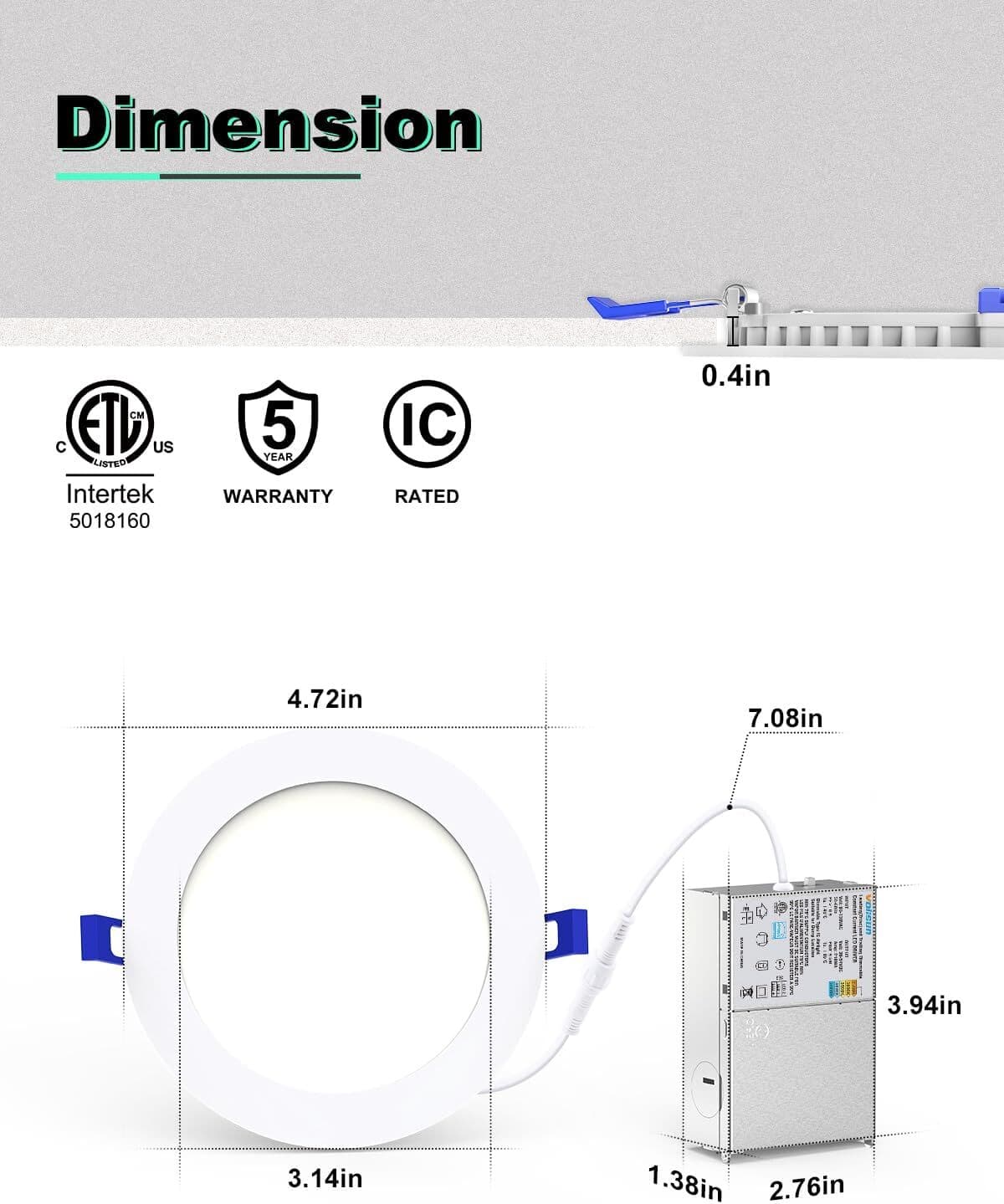 4 Inch 5CCT LED Recessed Ceiling Dimmable Light with Junction Box 2700K-5000K 2