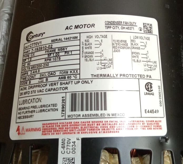 Century C770V1 Century Condenser Fan Motor 1HP 1PH 60Hz 460/200-230V 1075 RPM