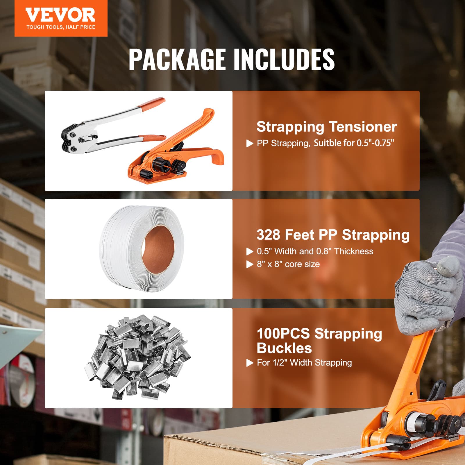 VEVOR Packaging Banding Strapping Kit Tensioning Tool Tensioner & Sealer 328 ft 2