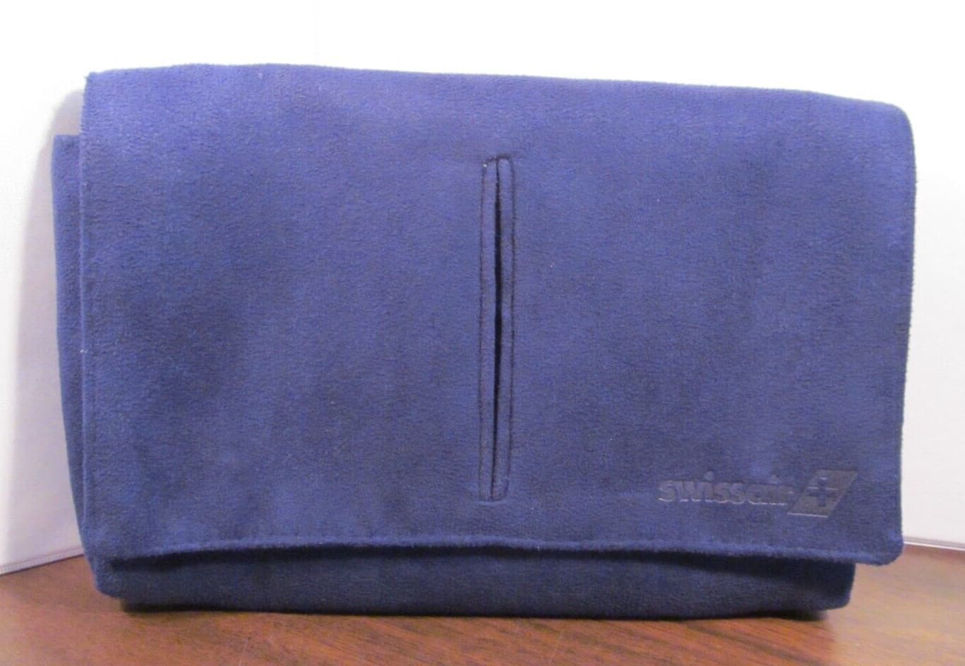 vintage SWISSAIR blue suede airline amenity kit bag makeup cosmetic case