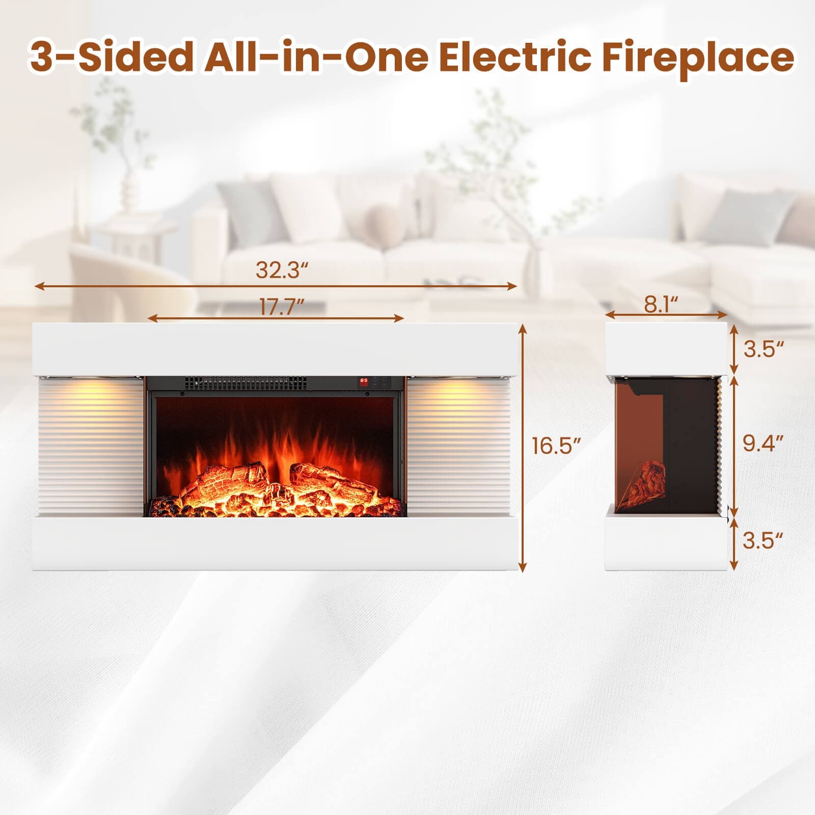 18" Electric Fireplace w/ 32" Floating Mantel 12-Color Dimmable Flame 8H Timer 2