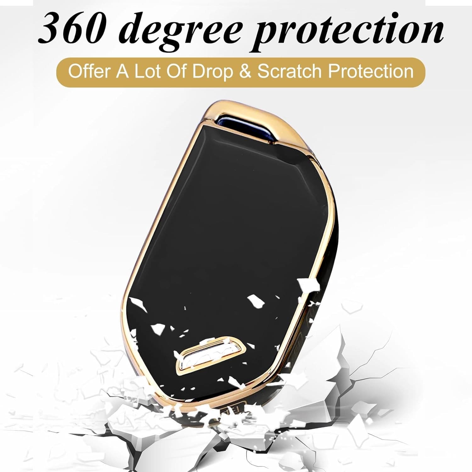 Key Fob Cover with Leather Keychain, Premium TPU Key Case Shell Black-gold 5